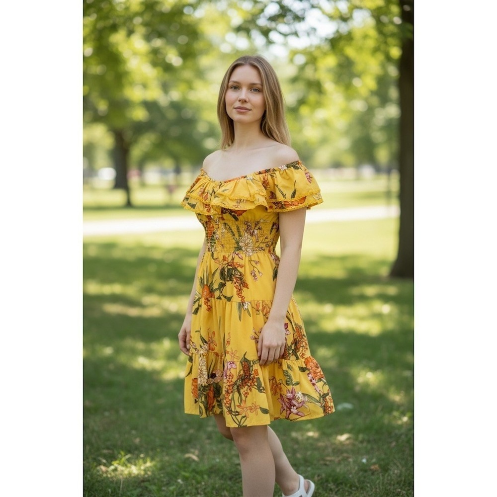 Day + Moon Dress Womens Size M Yellow Floral Off Shoulder Ruffle Mini open back